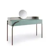 Distinguished Bizzotto Italia Scene vanity desk with light-blue lacquered structure and dark-brown metal legs crafted in premium leather and light-gray matte finish