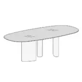 Oval table, translucent light gray, with etched lines and three curved cylindrical legs, studio shot on white background.