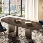 Exceptional Lago Hoa table crafted in Italy with a dark wood-like surface and matte neutral grey pillar legs