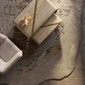 Distinguished Bizzotto Italia Lignum rug replicates burl wood with woven yarns and varied pile heights in gray and beige hues