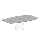 Glass Janeiro table, gray translucent tabletop, irregular shape, single cylindrical pedestal base, minimalist modern design.