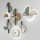 Distinguished Bizzotto Italia Sensu wall lamp with glossy gold metal, circular mirror and matte white, brown, green decorative element