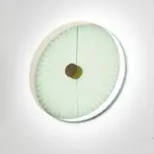 Sensu wall lamp, pale green pleated shade, off-white border, brass and green fixture, radial design, diffused light, white wall mounting.