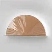 Semicircular wall lamp, light beige metal, radiating fan blades design affixed to a light gray wall with a horizontal bracket.