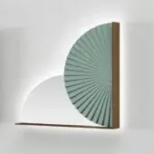Wall lamp, bronze frame, semicircular shape, white shelf, sage green textured panel, upward-facing light, gray wall mounting.
