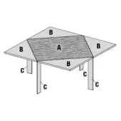 Loto table in wildwood, square tabletop with wood grain, triangular sides labeled B, supported by four vertical legs C.