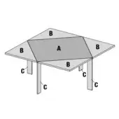 Loto Table – dark gray lacquered tabletop with triangular roof sections, supported by light gray metal posts, geometric design.