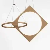 Drop suspension lamp, brushed brass finish, diamond-shaped frame with white circular diffuser and intersecting brass ring, silver suspension wires.