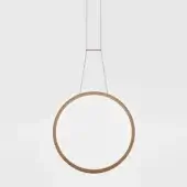 Drop suspension lamp, matte white diffuser, brushed brass ring, minimalist design, slender white canopy, studio shot, light gray background.