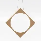 Drop suspension lamp, tan-brown square frame, white circular diffuser, minimalist geometric design, thin suspension wires, neutral palette.