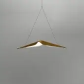 Bizzotto noshi suspension lamp, brushed gold metal, V-shaped wings with central white light source, minimalist design, light gray wall.