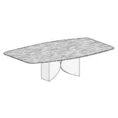 Meet table with wildwood top, rounded corners, and gray curved base, studio shot on white background.