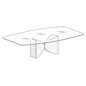 Meet table, transparent glass top with linear markings, supported by gray geometric concrete base, asymmetrical modern design.
