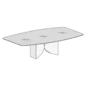 Meet table, glass top with diagonal lines, supported by three sculpted gray bases, modern design, studio product shot.