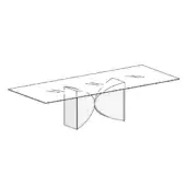 Meet table, glass top, gray metal base, sculptural biomorphic shape with knotted center, modern minimalist design, studio shot.