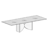 Rectangular glass meeting table with etched diagonal lines, supported by a sculptural gray base featuring curved and angled forms.