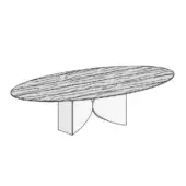 Elliptical table in wildwood finish, oval tabletop with wood grain, sculptural curved base, modern design, white background.