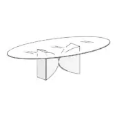 Elliptical table, transparent glass top, irregular black line pattern, light gray curved supports, sculptural form, white background.