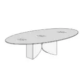 Elliptical table with glass tabletop and linear texture, supported by two curved gray pedestal legs, modern minimalist design.