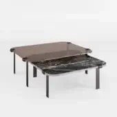 Distinguished Bizzotto Italia Amulet coffee table with overlapping brown glass and marble-like surfaces built with dark and light gray metal