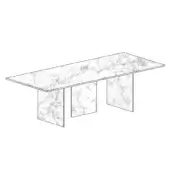 Stratum rectangular table, white marble effect, with three rectangular legs and a mottled gray pattern, studio shot.