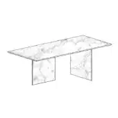 Rectangular table, white pixelated marble, minimalist design with two vertical supports, studio product shot, matte finish.