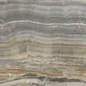 Onice alba stone texture displaying layered horizontal bands of gray, beige, and brown with polished surface and subtle light reflection.