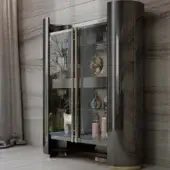 Exceptional Bizzotto Italia Ikat cupboard with glass doors and internal shelves in dark gray with gold accents and glossy Flamme finish
