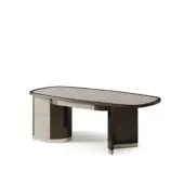 Ikat desk, dark brown wood, oval tabletop with beige border and gold accents, three drawers in left pedestal, Art Deco style.