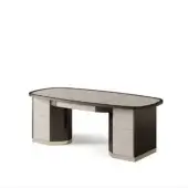 Ikat desk, model C, with light beige ribbed pedestals, dark brown trim, oval tabletop, three drawers, Art Deco style.