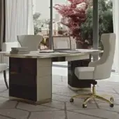 Superior Bizzotto Italia Ikat desk with neutral wood-like composite and dark Flamme finish with gold accents