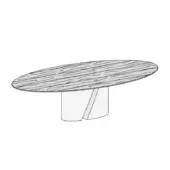 Wadi table, wildwood elliptical tabletop, with curved intersecting pedestal base, shown as a minimalist line drawing on white.