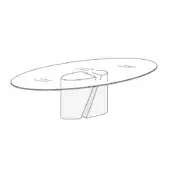 Wadi table, transparent glass, elliptical tabletop with etched lines, supported by angular gray panel sculptural base, modern minimalist design.