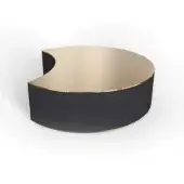 Gold circular coffee table with a cutaway top and black metal base featuring a gold accent, minimalist geometric design.