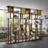 Distinguished Pacini & Cappellini Marila bookcase with veneered wood shelving and bronze-painted metal accents