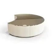 Ikat coffee table, mirrored top, asymmetrical crescent shape, beige fabric cylindrical base, dark band detail, modern minimalist design.