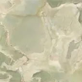 Mint onyx marble slab with pale green and cream variegated pattern, light-brown veining, polished finish, translucent quality.