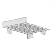 Platform bed technical drawing, white frame, rectangular headboard with cutouts, slatted base, minimalist linear design.