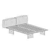 Bed frame grayscale line drawing, rectangular grid headboard with two rounded cushions, metal legs, minimalist design, studio backdrop.