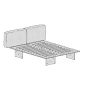 Metal platform bed with black grid frame, oval cutouts, and light gray textured cushions against a white backdrop.