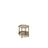 Hexagonal side table, brass metal frame, light marble top with grey veining, rose-brown lower shelf, studio product shot.