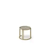 Marble side table with light grey veining, featuring a brushed brass metal cylindrical frame and minimalist modern design.
