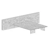 Platform bed technical drawing, wood headboard, metal frame with grid slats and angled feet, minimalist design, white background.