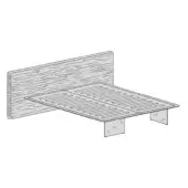 Metal bed frame with wood-grain headboard, rectangular shape, and minimalist line drawing against a white background.