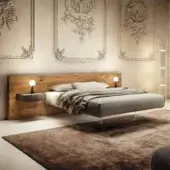 Distinguished Lago Air bed with extra-clear tempered glass support and textured matte wooden headboard upholstered in smooth gray textile