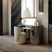 Elegant Bizzotto Italia Ikat vanity desk in glossy silver with gold accents and light cream top