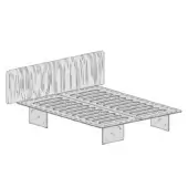 Modern outdoor bed, dark gray metal, slatted rectangular frame with perforated detailing and curved headboard slats.