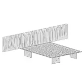 Platform bed, black line drawing, rectangular base with elongated slots and ridged headboard, minimalist geometric design.