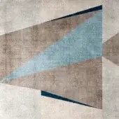 Geometric patchwork composition of beige, brown, and gray rectangles and triangles with dusty blue accents and dark blue linear details.