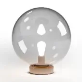 Spherical lamp with gray translucent shell, light-brown circular base, exposed bulb, and wheel-like cutouts; labeled "mood 30."